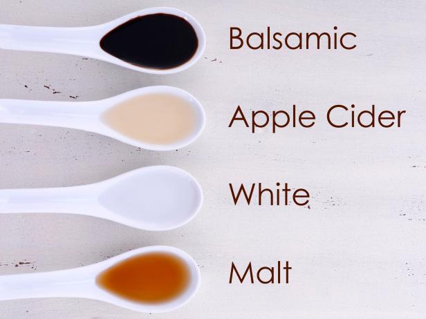 Serving size samples of different types of vinegar including Balsamic, Apple Cider, White and Malt vinegars, with text names added.