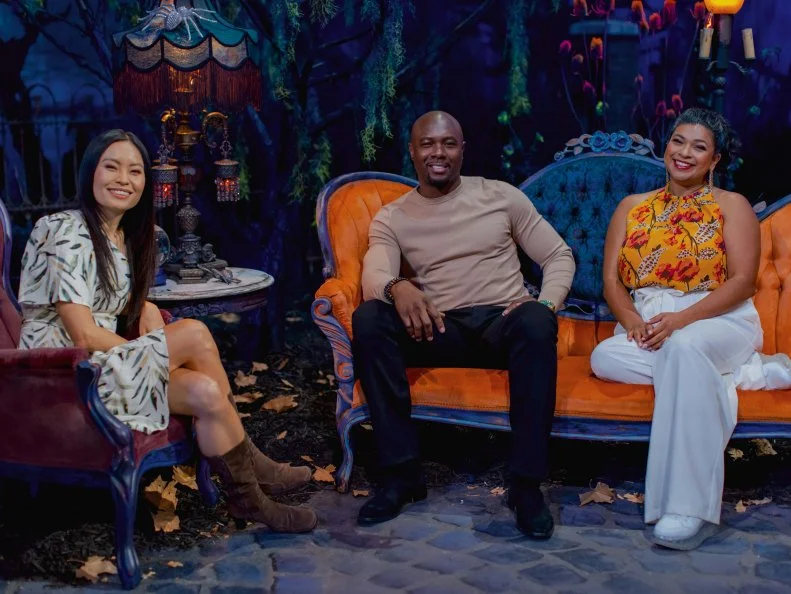 Host Eddie Jackson with Judges Aarti Sequeira and Shinmin Li, as seen on Halloween Wars, Season 11.