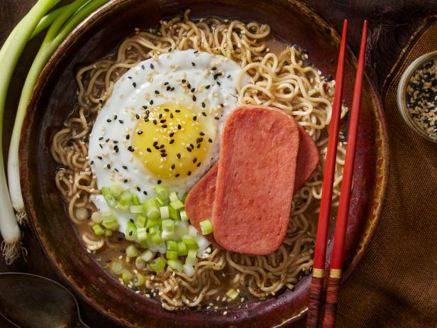 Japanese Style Breakfast with Fried Canned Ham, Ramen and a Fried Egg