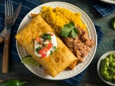 Deep Fried Beef Chimichanga Burrito with Rice and Beans