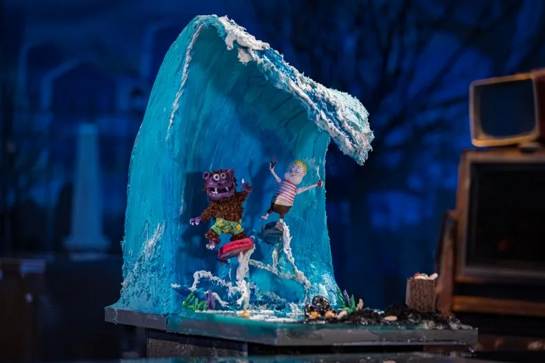 Contestants Brandy Dallas,.Lizzeth Rascon and.Yliana Cadena's. round one dish "PUGSLEY SURFING WITH MONSTER", as seen on Halloween Wars, Season 11.