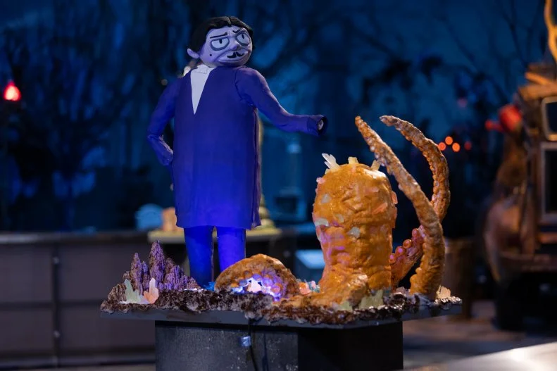 Contestants Lovely Carandang, Crystal Hanna and Ashley Wilson's round one dish, "GOMEZ IN STALAGMITE CAVE",  as seen on Halloween Wars, Season 11.