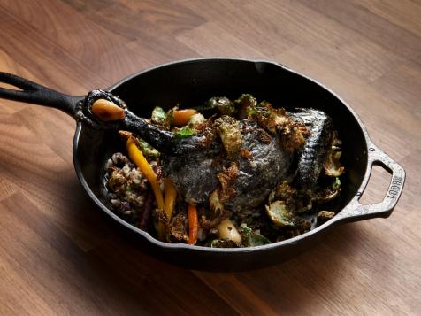Crispy Black Chicken with Apple Cider Vinegar Sauce and Roasted Garlic, Dirty Rice and Heirloom Glazed Carrots