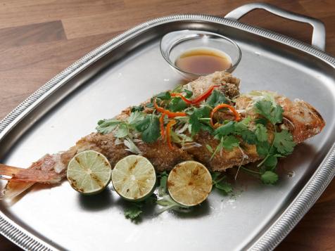 Whole Fried Fish with Grilled Lime, Cilantro and Ginger Vinaigrette