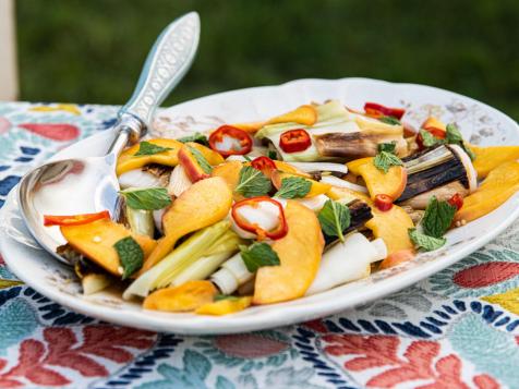 Charred Leeks with Quick-Pickled Chiles and Peach Vinaigrette