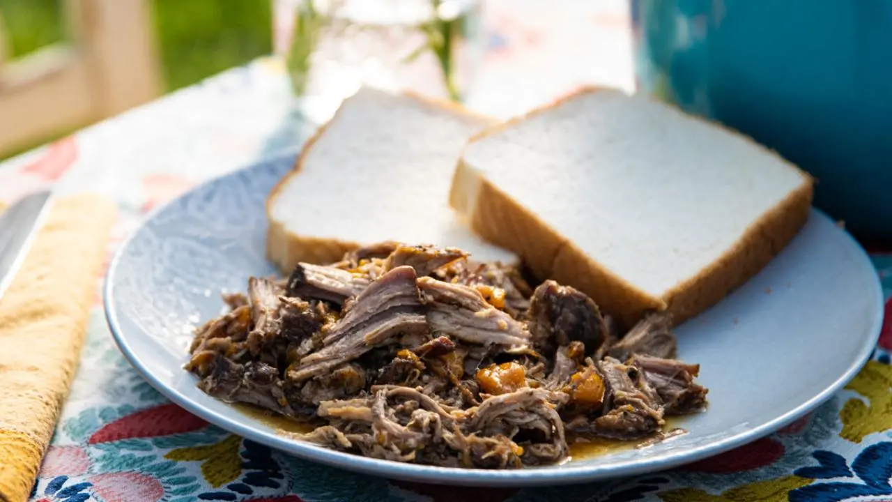 Shredded Pork with Black Pepper-Peach Glaze