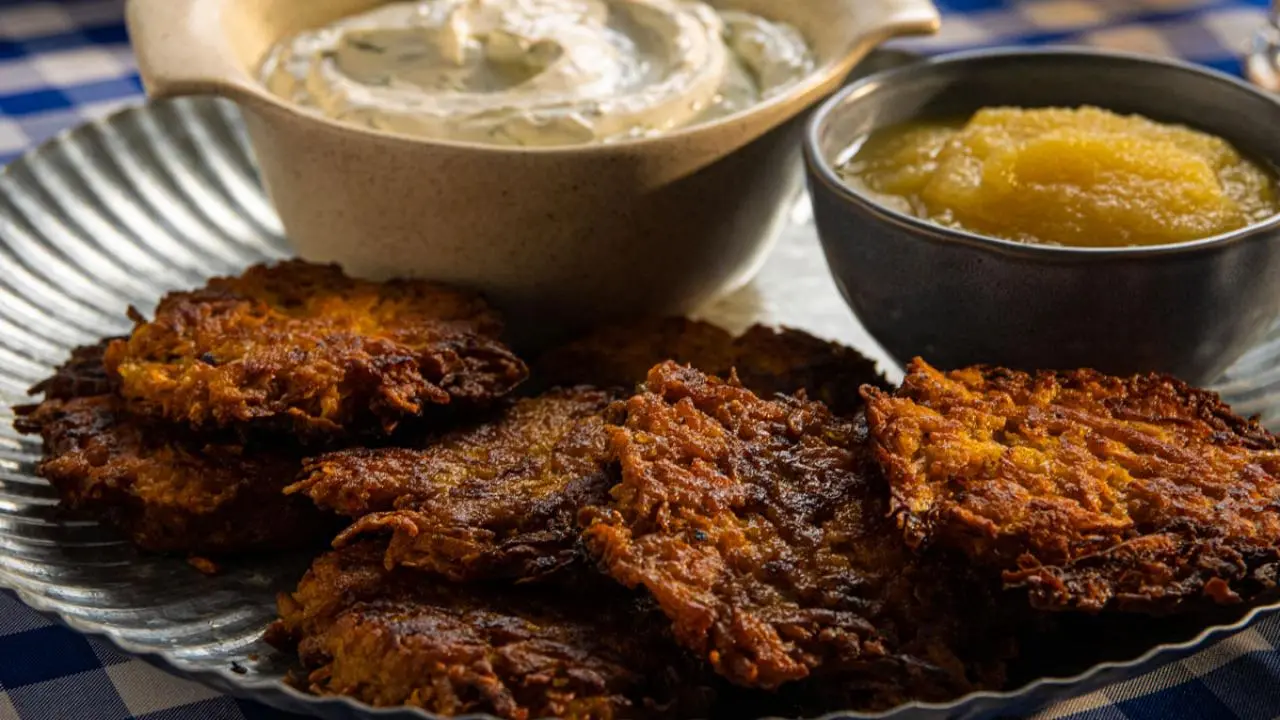 Sweet Potato Pancakes with Applesauce and Dill Sour Cream