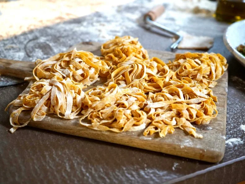 Fresh pasta made by Bobby Flay for a dinner party, as seen on Bobby & Giada in Italy, Season 1.