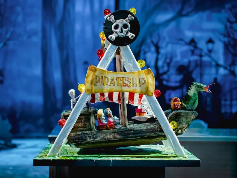 Team Mischievous Monsters’ completed pirate ship cake, as seen on Halloween Wars, Season 11.