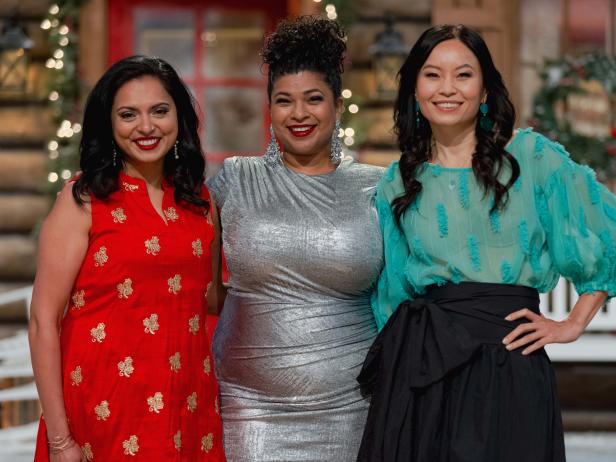 Host Maneet Chauhan with Judges Aarti Sequeira and Shinmin Li, as seen on Holiday Wars, Season 3.
