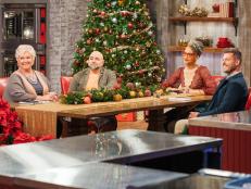 Judges Nancy Fuller, Duff Goldman and Carla Hall with Host Jesse Palmer, as seen on Holiday Baking Championship, Season 8.