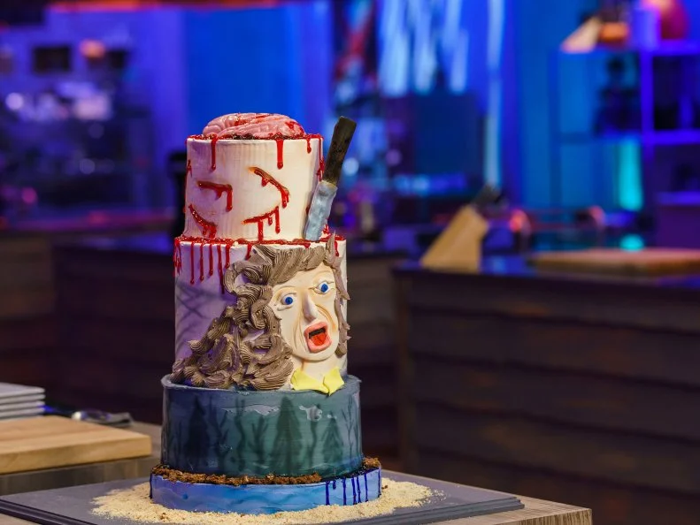 Renee Loranger's Inside The Mind Of A Killer Finale Cake is a Devil's Food Cake, Hazelnut Swiss Meringue Buttercream Filling with Hazelnut Feuilletine Crunch, Sour Cherry Jam and Swiss Meringue Buttercream, as seen on Halloween Baking Championship, Season 7.