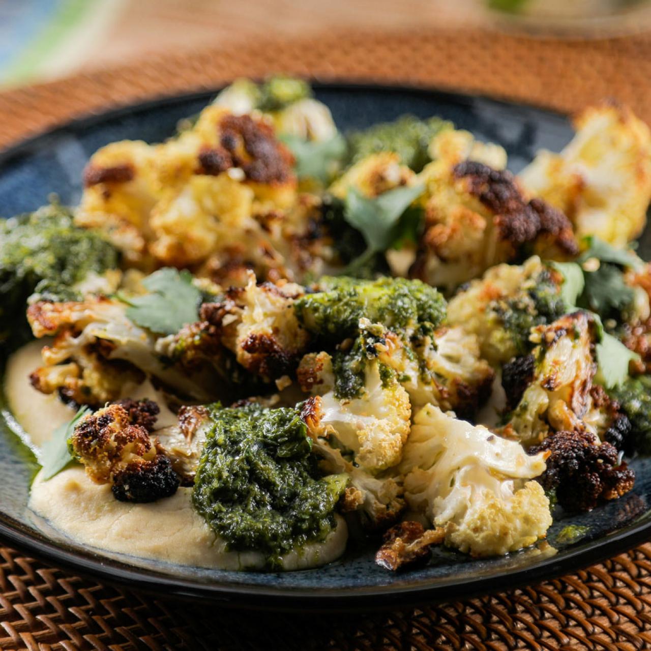 Fire-Roasted Cauliflower with Whipped Chickpeas and Cilantro Pistou Recipe, Crista Luedtke