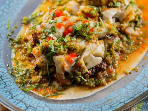 Grilled Halibut with Crispy Rice and Green Beans Vinaigrette