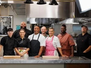 Contestants Jesa Henneberry, Mariana Alvarado, Demetrius Baxter, Coby Farrow, Brett Vibber, Alicia Watson, Torrece Gregoire aka “Chef T”, and Leo Davila as seen on Big Restaurant Bet, Season 1.