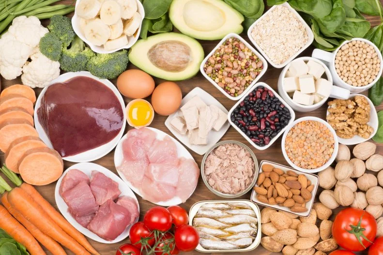 Vegetables, meat, fruit, beans and other food rich in biotin, also known as vitaminH or b7
