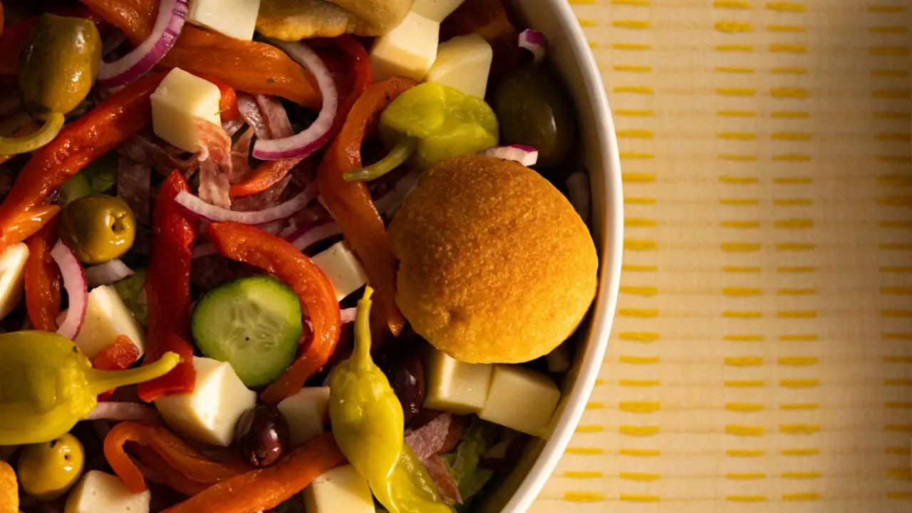 Pizza Salad with Pesto Stuffed Crust Croutons