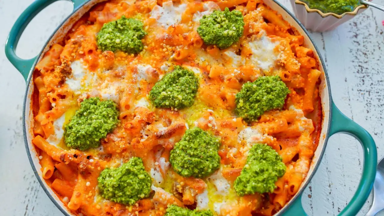 Meaty Ziti with Pesto Dollops