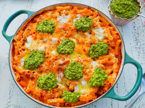 Meaty Ziti with Pesto Dollop