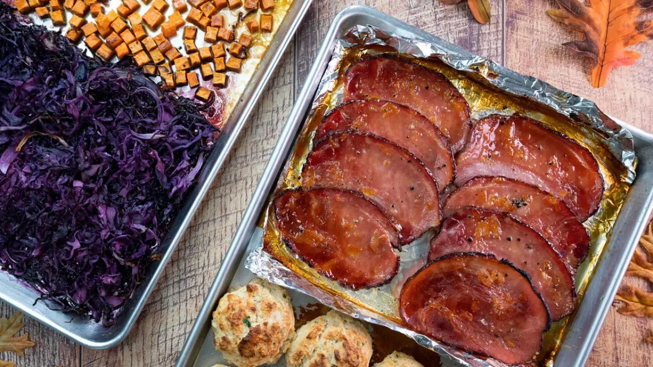 Sheet Pan Holiday Ham and Biscuits