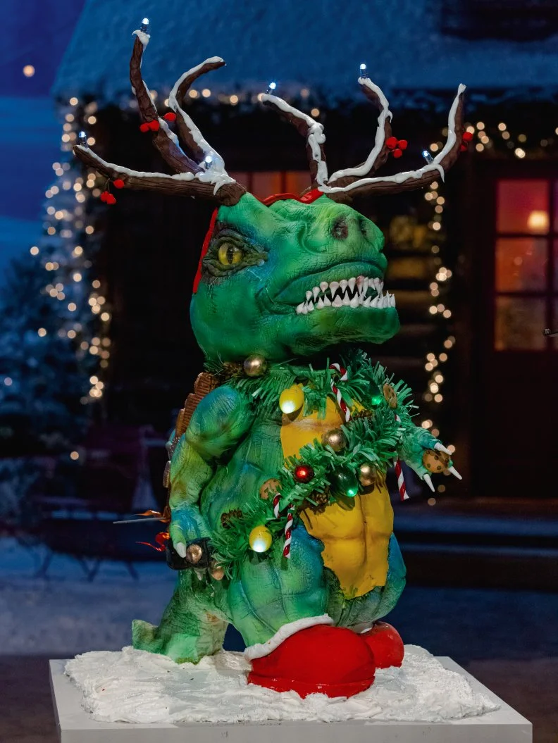 Contestants "GUMDROP GALS" - Megan Clemens, Yi Han and Marianne Daquino's round one dish "Rocket Rex’s Big Audition", as seen on Holiday Wars, Season 3.