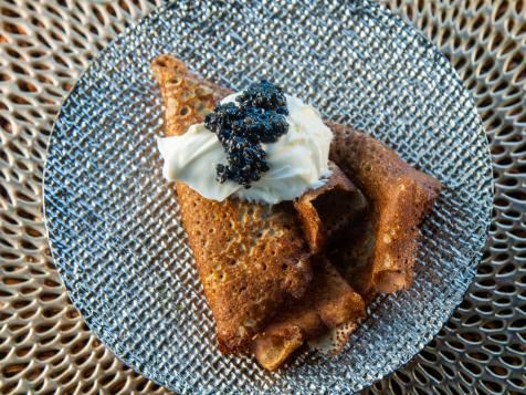 Caviar with Buckwheat Crepes and Smoked Creme Fraiche