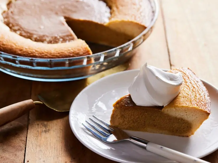 Description: Food Network Kitchen's Self-Crusting Pumpkin Pie. Keywords: Sugar, Eggs, Half-and-Half, Vanilla Extract, Pumpkin Puree, Light Brown Sugar, Pumpkin Pie Spice.