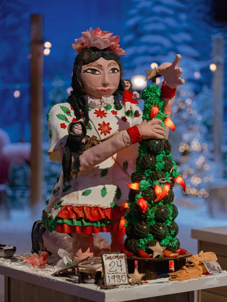 Contestants Jessica Martinez-Wilson, Sally Ontiveros and Susana Mijares's round one cake "Spicy Horchata Chocolate con Churros", as seen on Holiday Wars, Season 3.