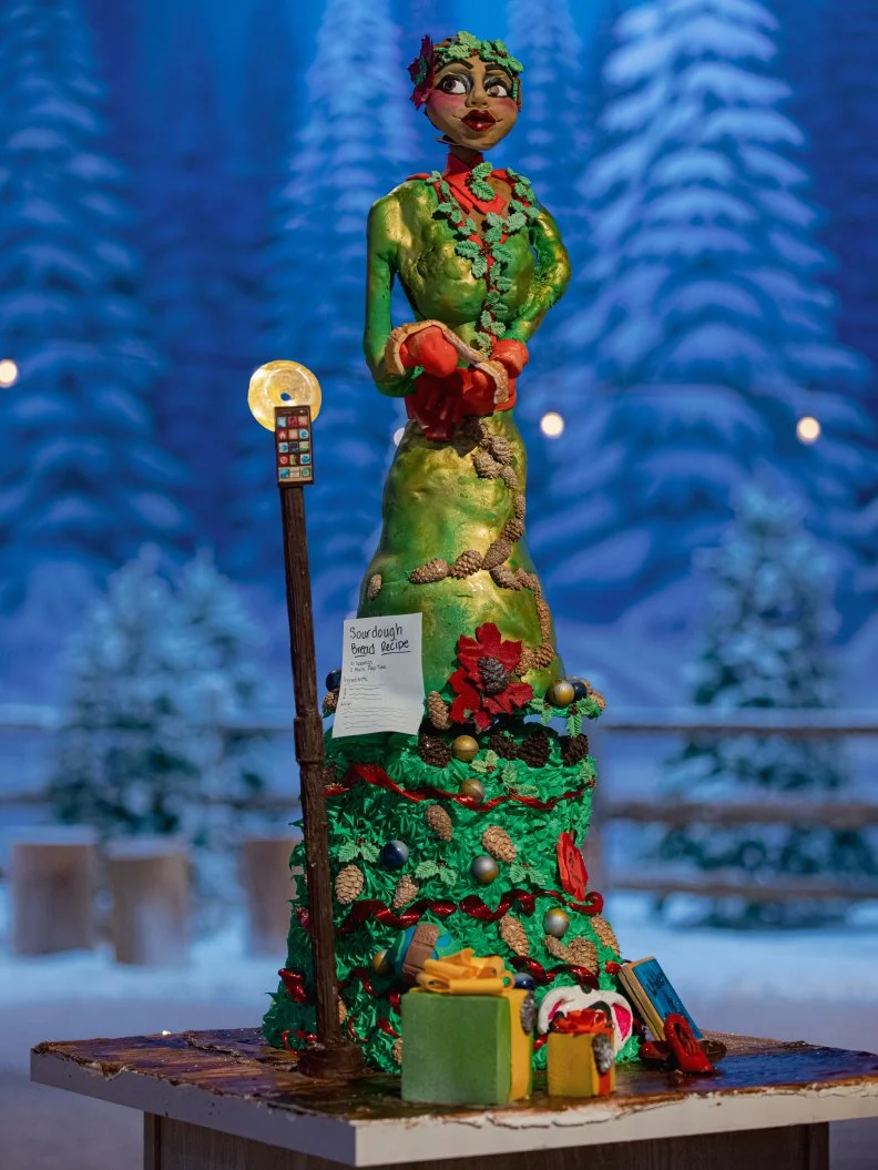 Contestants Aleatra Dimitrijevski, Erica Lee and Bekah Ontiveros's round one cake "Noel of Christmas Past", as seen on Holiday Wars, Season 3.