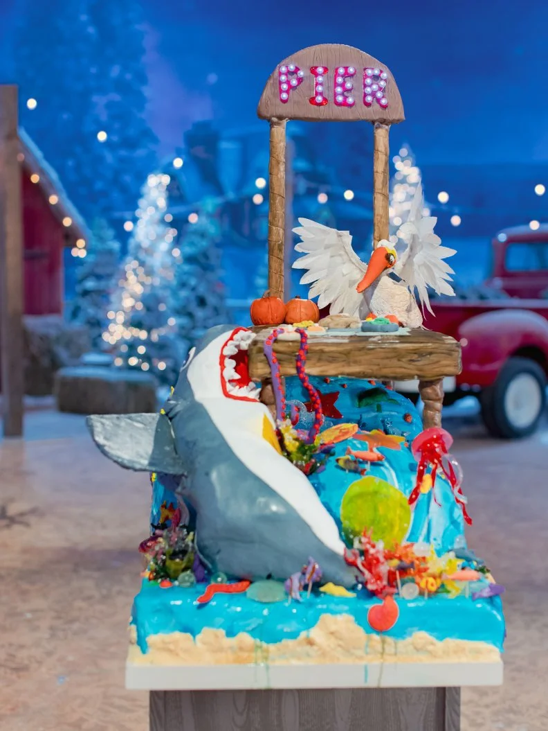 Contestants Alene Paulk, Megan Savely and Indira Cristin's round one cake "Pie on the Pier", as seen on Holiday Wars, Season 3.