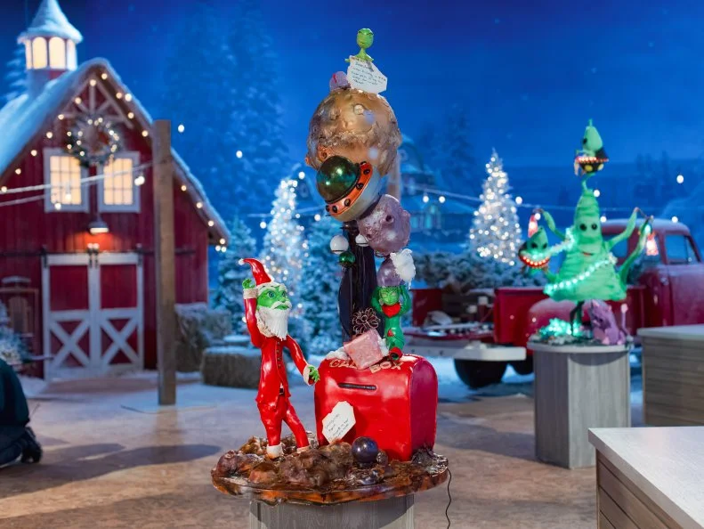Team Sugar Snowflakes' creation "Other-Worldly Banana Ginger 9 Layer Cake," as seen on Holiday Wars, Season 3.