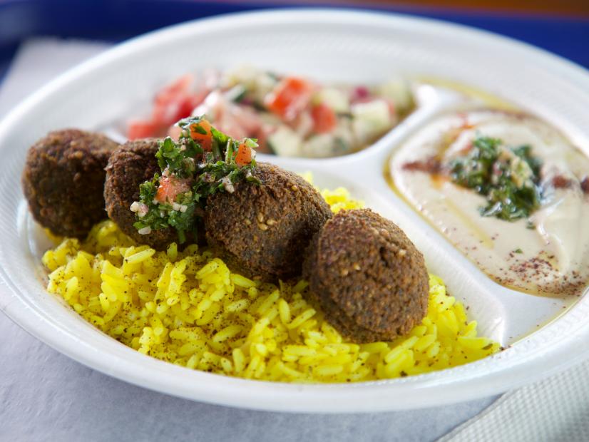 Falafel Plate as served by Fattoush Café in Nashville, Tenessee, as seen on Diners, Drive-ins and Dives, season 34.