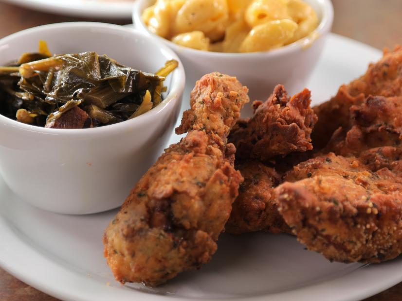 Fried Chicken with Collard Greens as served at Sauce Boss Southern Kitchen in Draper Utah, as seen on Diners, Drive-ins, and Dives, season 34.