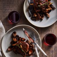 Description: Tyler Florence's Filet Mignon with Mushrooms and Sauce Pinot Noir. Keywords: Filet Mignon Steaks, Bacon Strips, Mushrooms, Garlic, Rosemary, Pinot Noir, Demi-Glace.