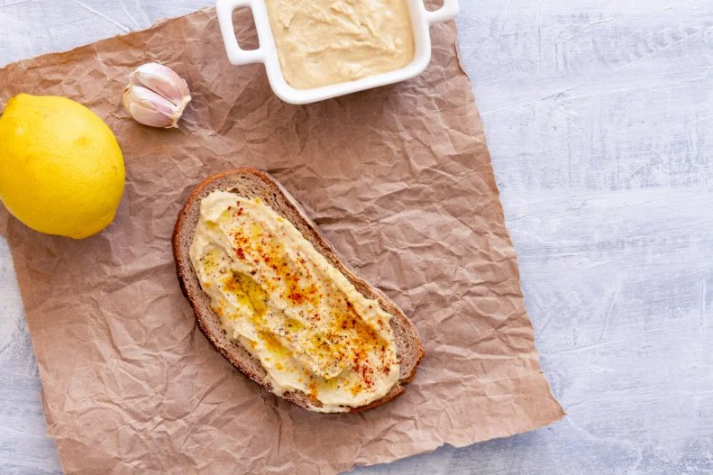 Hummus sandwich with country rustic bread. Top view, above view or overhead view composition