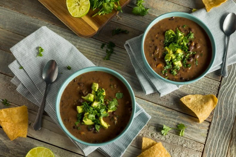 Fresh Homemade Black Bean Soup with Avocado and Cilantro