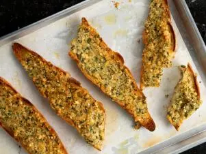 Close-up of Outrageous Garlic Bread, as seen on Barefoot Contessa: Back to the Basics, season 19.