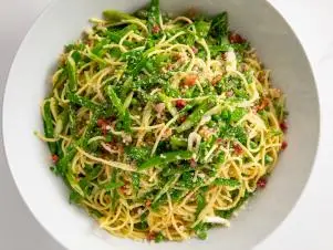 Close-up of Spring Green Spaghetti Carbonara, as seen on Barefoot Contessa: Back to the Basics, season 19.