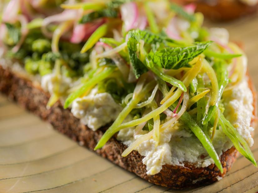 Traci Des Jardins’ Mashed Pea and Ricotta Toast, as seen on Guy's Ranch Kitchen Season 5.