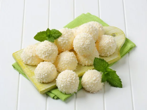 White chocolate snowball truffles rolled in coconut