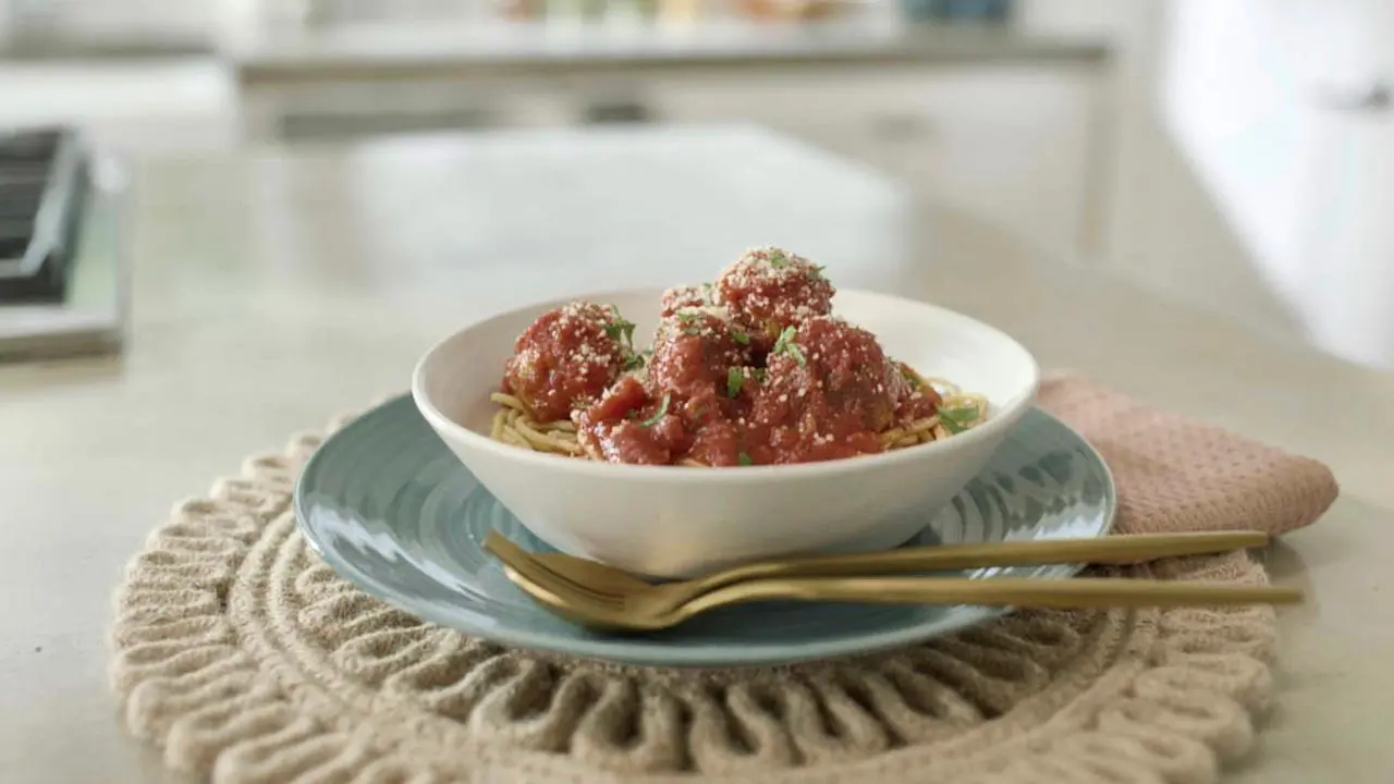 Tomato Basil Spaghetti with Spicy Andouille Sausage Meatballs