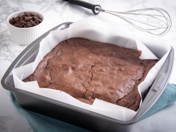 chocolate brownie in steel pan
