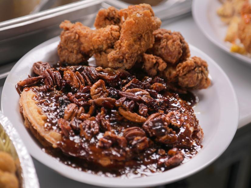 Six Wings and Bacon Pecan Waffles as served at Frank's Famous Chicken and Waffles in Albuquerque, New Mexico, as seen on Diners, Drive-Ins and Dives, season 35.