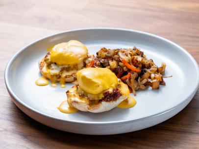 The dish from the Skill Drill Blue Team Demo, featuring eggs Benedict with smoked paprika hollandaise and potato hash, as seen on Worst Cooks In America, Season 24.