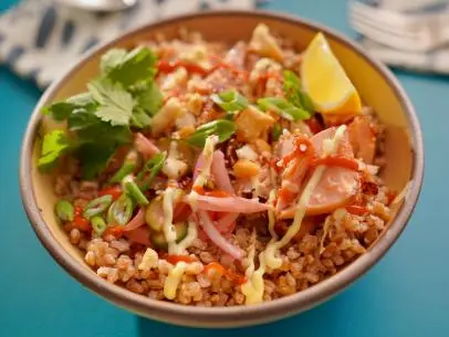 Beauty shot of Molly Yeh's Miso Salmon Grain Bowls, as seen on Girl Meets Farm, Season 10.