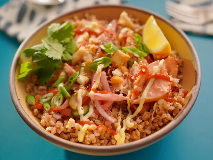 Beauty shot of Molly Yeh's Miso Salmon Grain Bowls, as seen on Girl Meets Farm, Season 10.