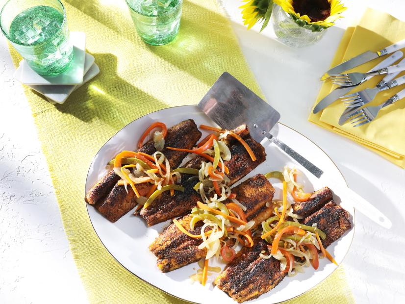 Miss Kardea Brown's Blackened Trout with Escovitch, as seen on the Food Networks, Delicious Miss Brown, Season 6.