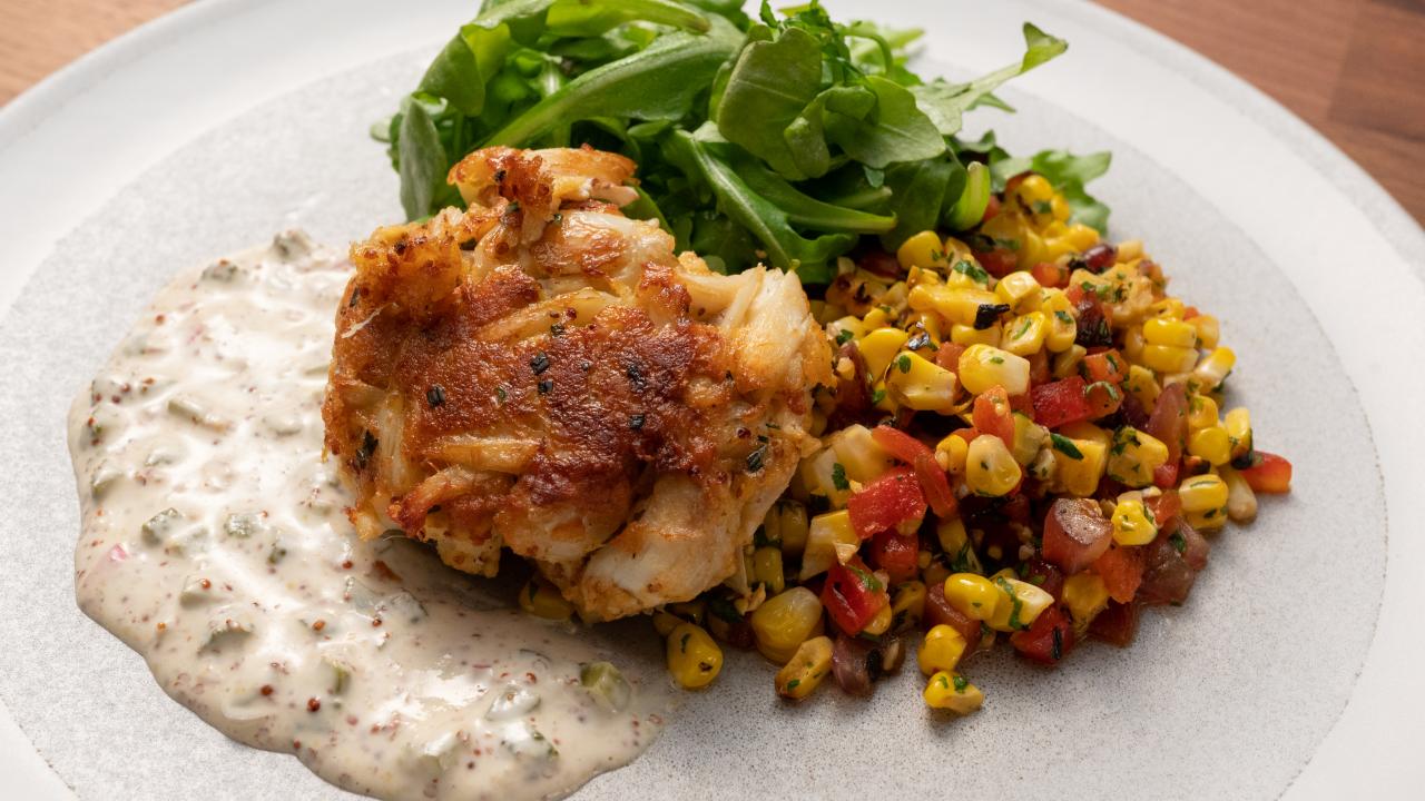 Crab Cakes with Creole Mustard Aioli and Grilled Corn, Red Onion & Red ...