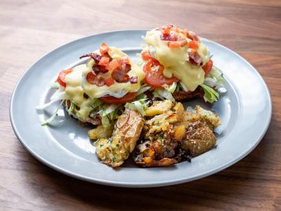 The dish from the Skill Drill Red Team Demo, featuring BLT Benedict with bacon hollandaise, lettuce, roasted potatoes, and smashed fingerlings, as seen on Worst Cooks In America, Season 24.