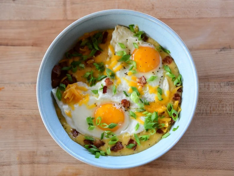 Close-up of Breakfast Grits Bowl ,as seen on The Pioneer Woman, Season 29.